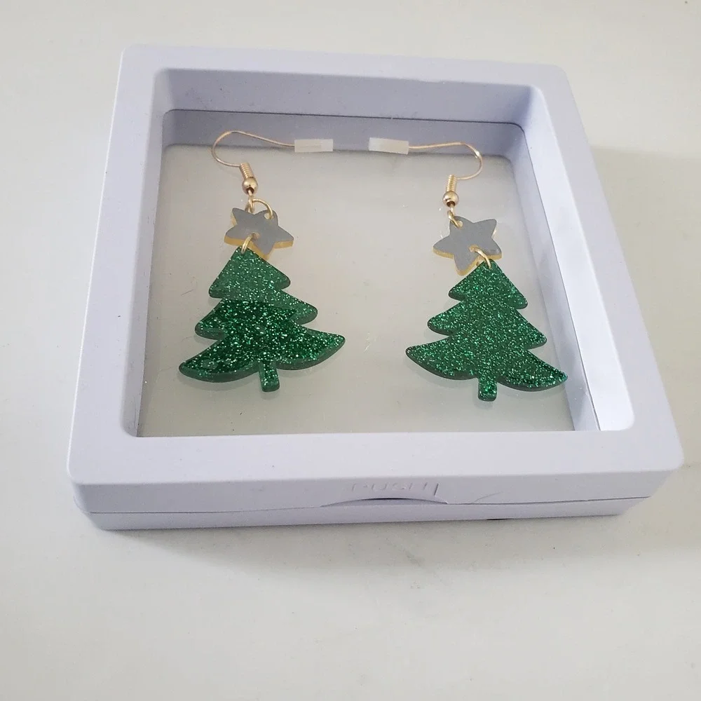 Green Glitter Christmas Tree Earrings Gold Star Acrylic Holiday Dangle Hooks